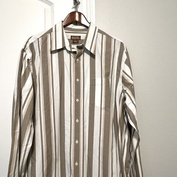Michael Kors Mens Shirt Size XL White Beige Striped Button-Up Long Sleeve - Picture 1 of 7